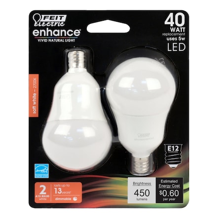 Feit Electric Feit Enhance A15 E12 (Candelabra) LED Bulb Soft White 40 Watt Equivalence 2 pk BPA1540C927CA/2